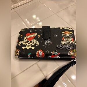 Ed Hardy Black Wallet with Skull and Tattoo Graphics